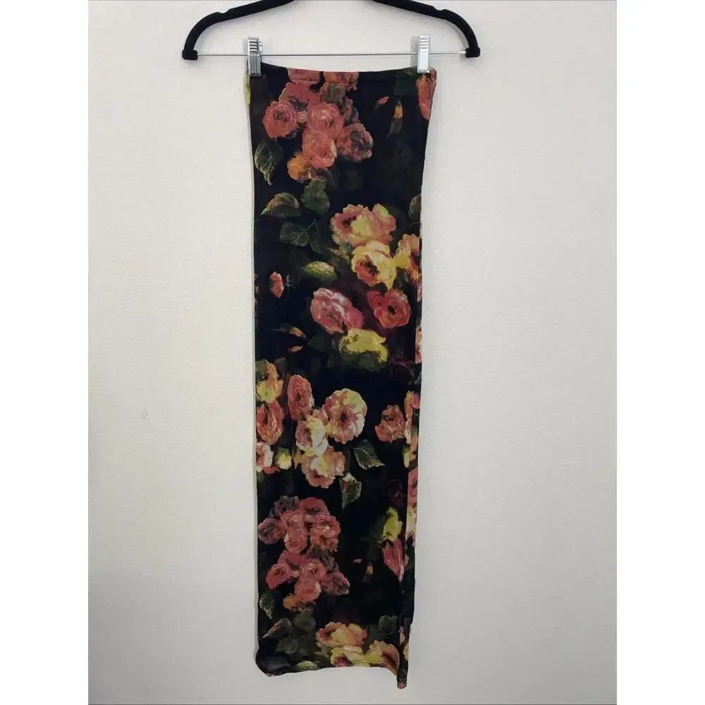 Revolve superdown rose maxi dress Size L black floral print strapless NWT